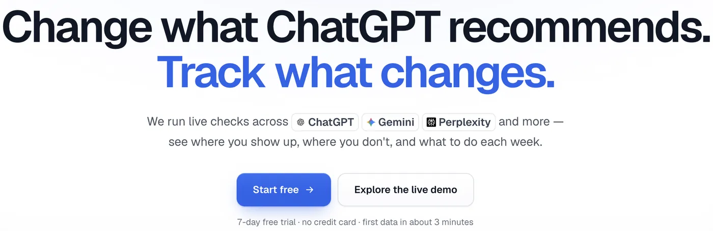 Screenshot von MaxAEO: Startseite: „7-day free trial · no credit card“.