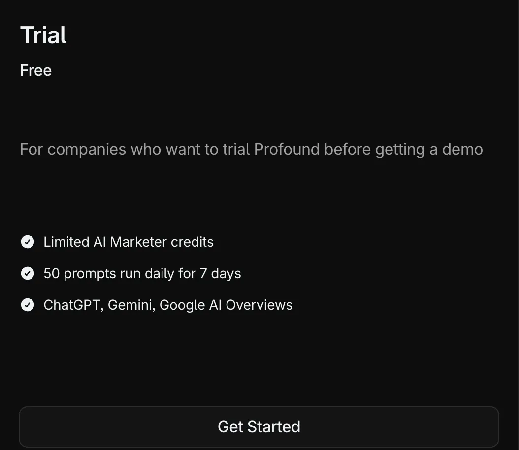 Screenshot von Profound: Preisseite: ein kostenloser Trial-Plan mit 50 Prompts, 7 Tage lang täglich auf ChatGPT, Gemini und Google AI Overviews.
