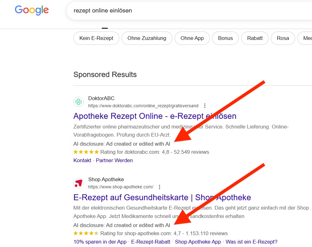 Google search results for "rezept online einlösen" showing the AI disclosure label on two pharmacy ads — DoktorABC and Shop Apotheke — reading "AI disclosure: Ad created or edited with AI"